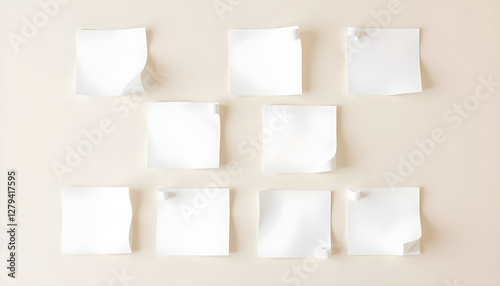 Ten square white paper notes pinned on a pale beige wall with subtle texture and shadows