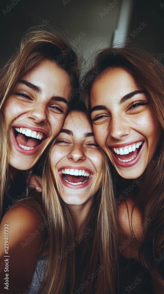 Three women laughing selfie, happy faces, close-up, informal
