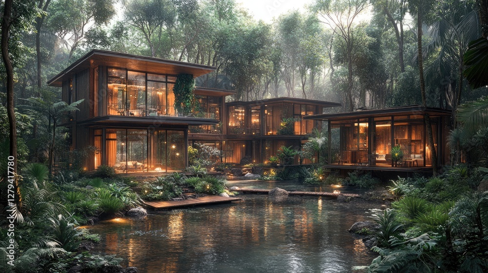 Modern jungle villas with glass walls, nestled amongst lush greenery and a tranquil pond. Ideal for showcasing luxury eco-tourism, sustainable architecture, or tranquil getaways. Modern jungle villas with glass walls, nestled amongst lush greenery and a tranquil pond. Ideal for showcasing luxury eco-tourism, sustainable architecture, or tranquil getaways.
