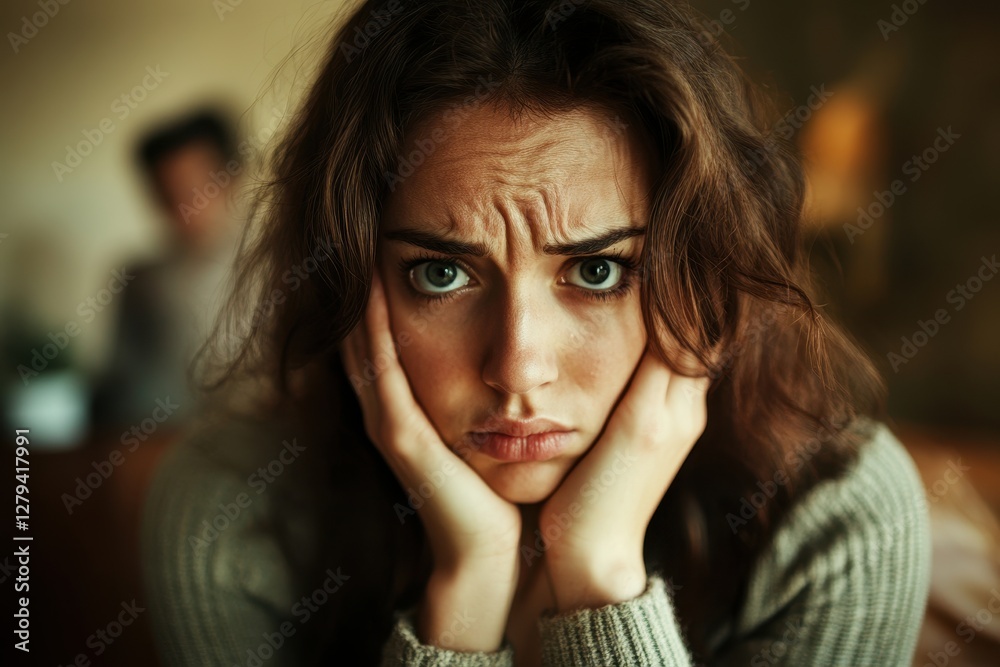 Woman displays concern and sadness in a dimly lit indoor setting during a troubled moment with another person nearby Woman displays concern and sadness in a dimly lit indoor setting during a troubled moment with another person nearby