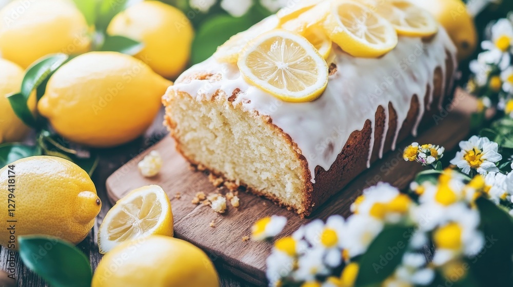 Freshly Baked Lemon Cake with Slices and Decorative Flowers Freshly Baked Lemon Cake with Slices and Decorative Flowers