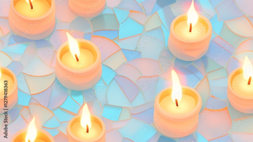 seamless pattern Easter candles in mosaic on pale blue background seamless pattern Easter candles in mosaic on pale blue background