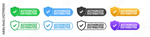 Authorized Distributor Label, Badge, Sticker, Stamp, Imprint, Seal Template with shield and tick mark on isolated white background suitable for product authenticity. Vector Illustration.