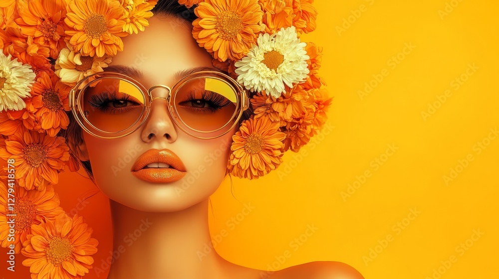 Fototapeta premium Striking Modern Pop Art Portrait of Stylish Woman in Golden Sunglasses with Floral Headpiece on Bright Orange Background