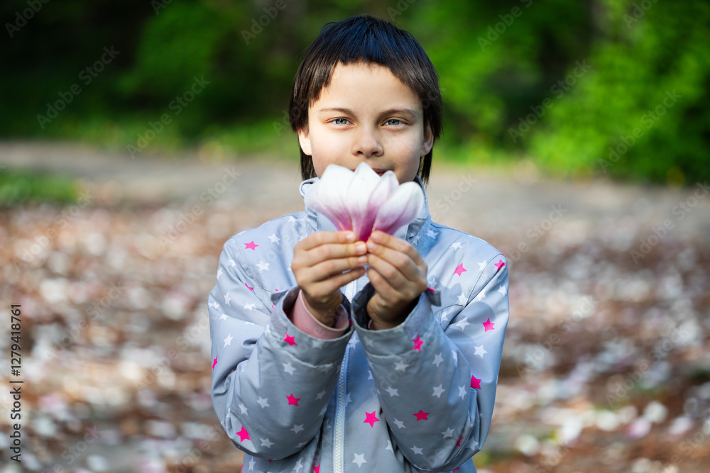 Portrait of little adorable girl walking in park