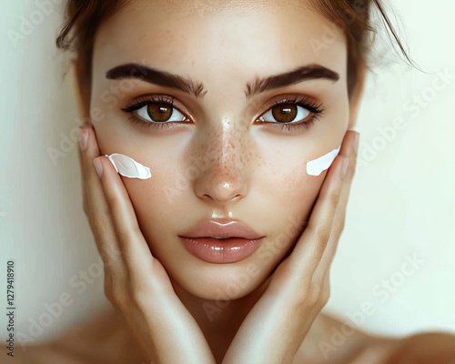 Skin care concept. Portrait of a beautiful brown-eyed woman with face cream on her cheekbones, applying cream to her face.