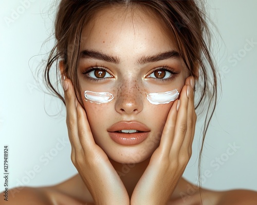 Skin care concept. Portrait of a beautiful brown-eyed woman with face cream on her cheekbones, applying cream to her face.