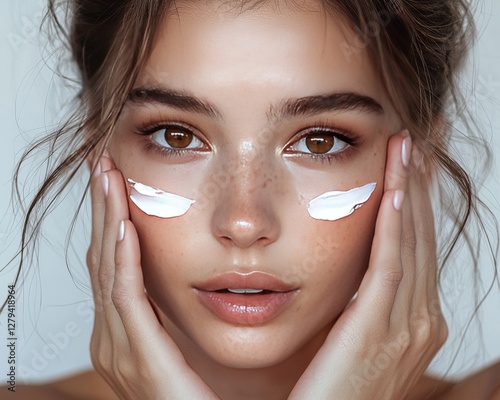 Skin care concept. Portrait of a beautiful brown-eyed woman with face cream on her cheekbones, applying cream to her face.
