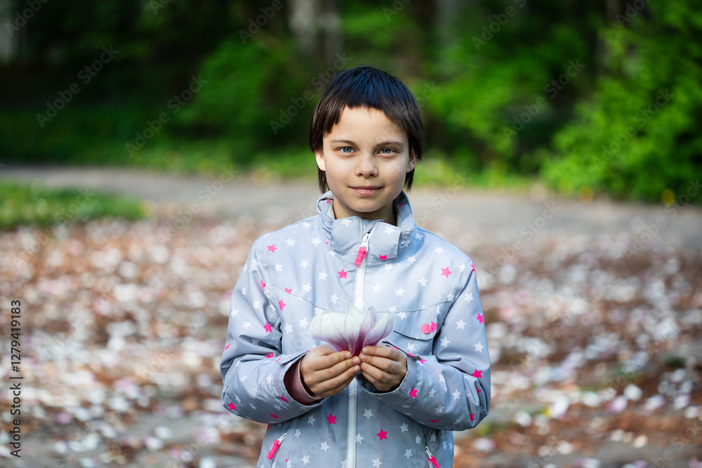 Portrait of little adorable girl walking in park