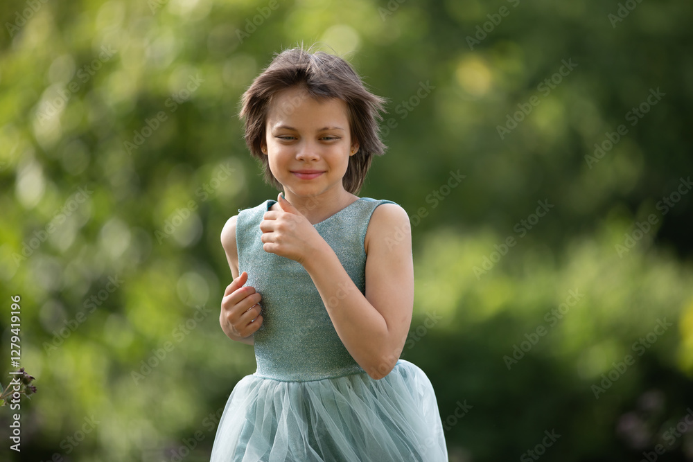 Portrait of little adorable girl walking in park