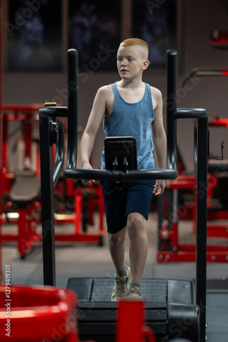 Boy exercising on a treadmill. Teenagers' leisure time