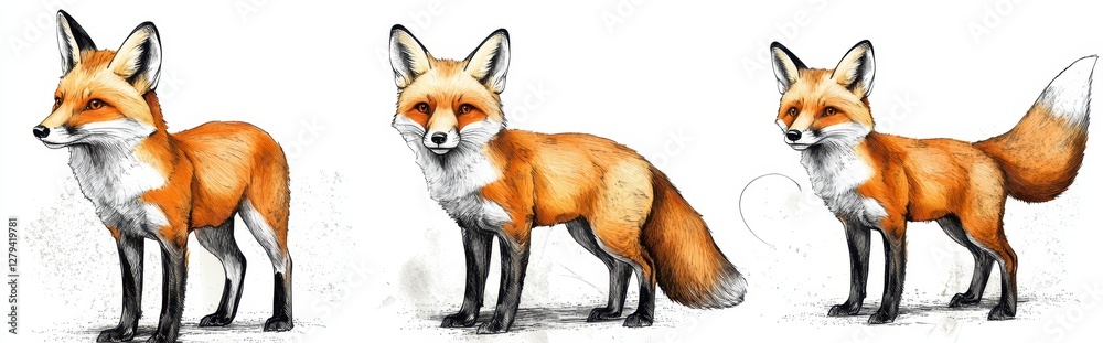 Fototapeta premium Three Red Foxes Watercolor Illustration White Background