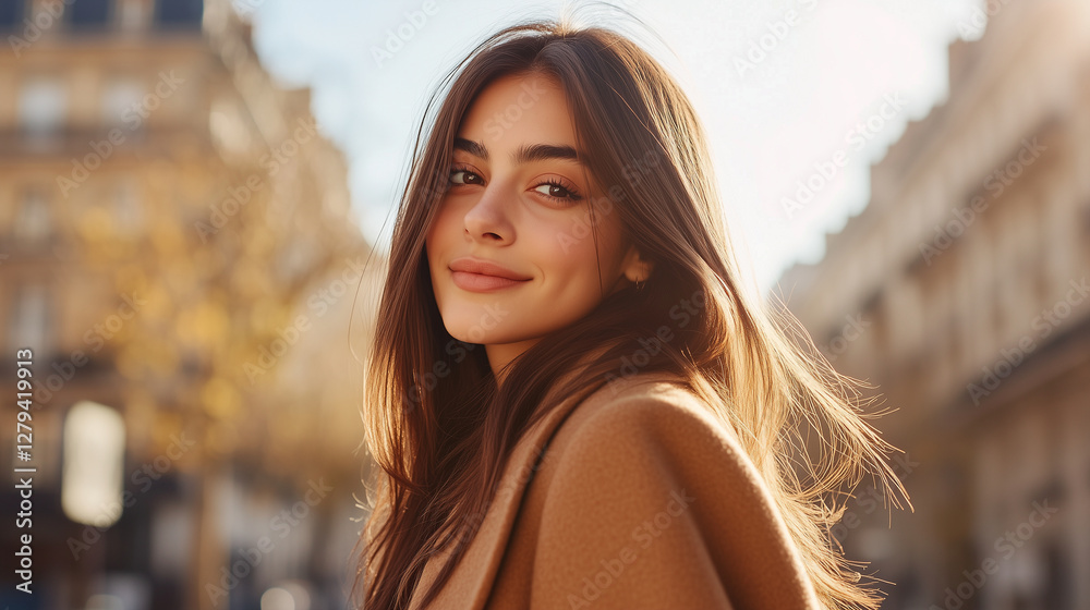 Fototapeta premium Elegant woman in a brown coat, captured from the side as she looks directly into the camera with an enchanting smile. Her long brunette hair blows gently in the breeze on a bright