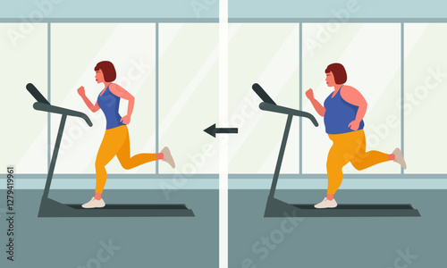 Gym classes and a slim figure. The process of losing weight while exercising on a treadmill. An overweight woman and a slim woman after a while.