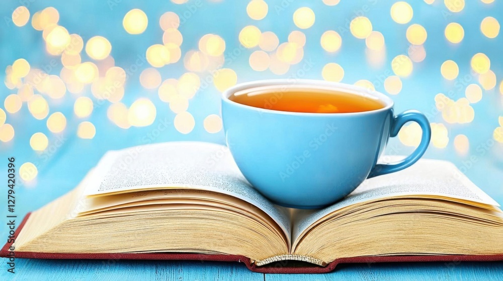 Cozy tea cup on an open book with soft bokeh background. Cozy tea cup on an open book with soft bokeh background.