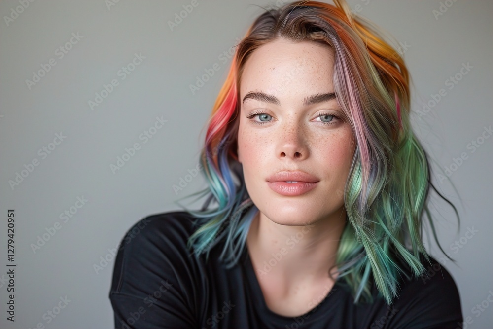 Fototapeta premium A young Caucasian woman with rainbow-colored hair and striking blue eyes, exuding confidence and creativity against a soft, neutral background. posing confidently, bold and expressive, modern portrait