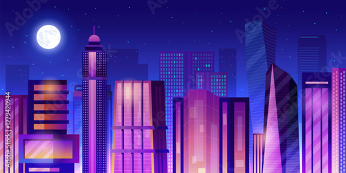Cartoon night cityscape. Urban buildings dark street scene, downtown panoramic skyline apartment build exterior game background high houses roofs facade, swanky vector illustration