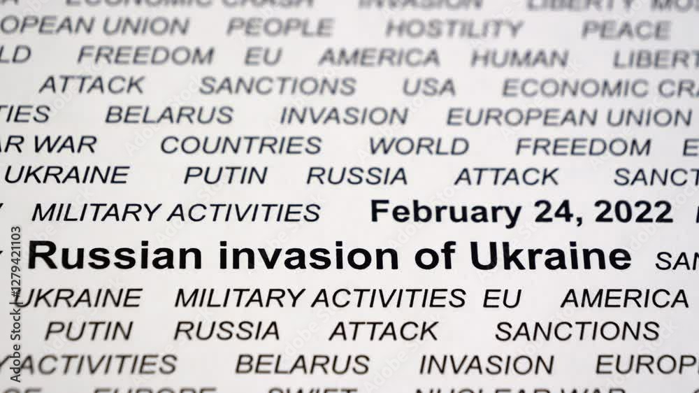 Ukraine related text. Military activities. Russian invasion of Ukraine concept. Crisis. Sanctions. Camera slowly moving sideways. Selective focus. Closeup. Ukraine related text. Military activities. Russian invasion of Ukraine concept. Crisis. Sanctions. Camera slowly moving sideways. Selective focus. Closeup.