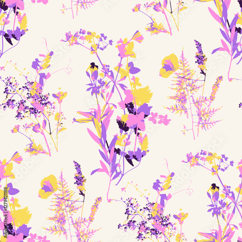 Seamless pattern with bunches of different grass and herbs in bold bright colors. Floral cottagecore background. Dry herbarium plants wallpaper. Eco botanical texture