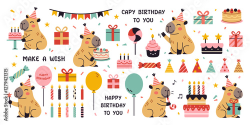 Happy birthday party set with cute capybaras and other elements. Vector childish collection of funny amusing capybara characters, birthday cakes and sweets, candles, balloons, party hats and gifts.