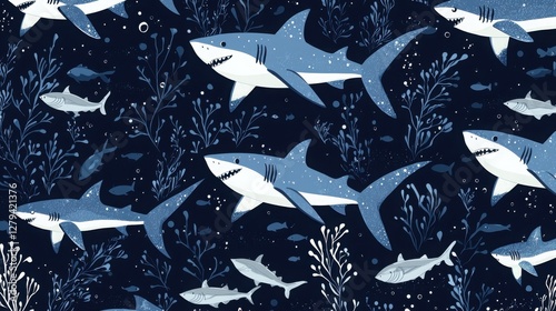 Seamless pattern featuring various sharks swimming amidst seaweed in a deep blue ocean.  A tranquil underwater scene with a cool color palette.