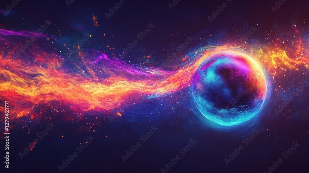 The silhouette of a flying ball with a vibrant trail, set against a dynamic background with abstract, energetic splashes of neon colors. The silhouette of a flying ball with a vibrant trail, set against a dynamic background with abstract, energetic splashes of neon colors.