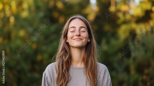 serene moment captured in nature, as a young woman smiles with closed eyes, experiencing calmness and relaxation through meditation. Ideal for content on stress relief and mindfuln