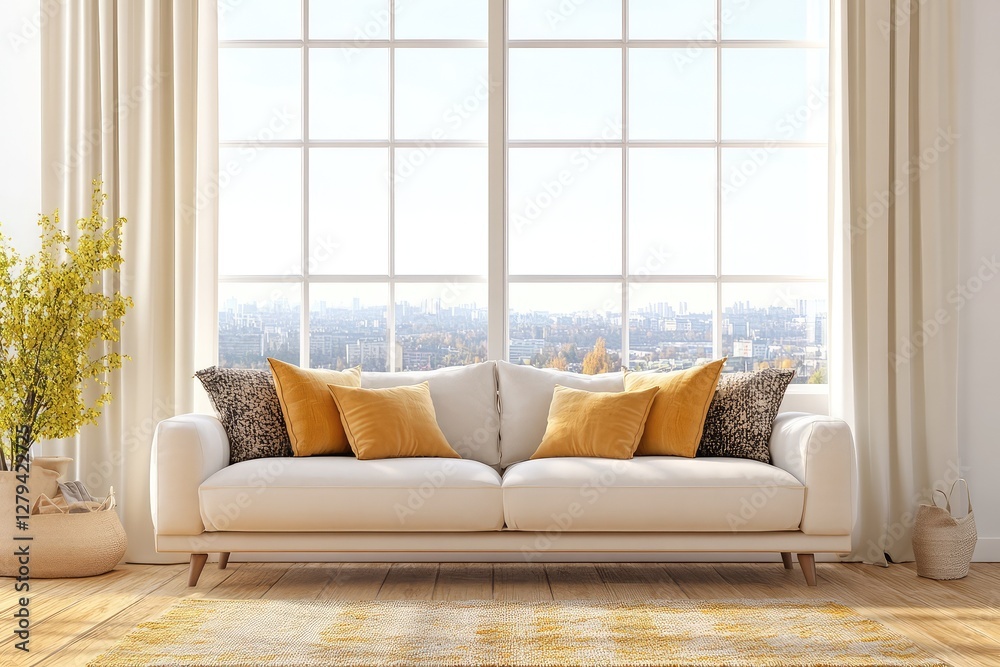 Fototapeta premium Designer living room with window, city view, couch, and decor. AI generated illustration.
