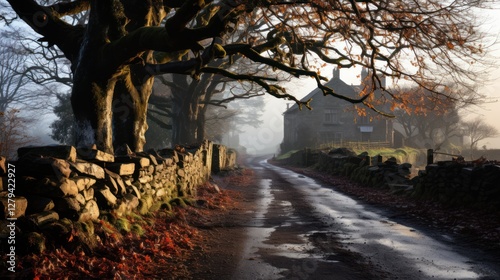 Misty Morning on a Country Lane: A Picturesque Autumn Scene