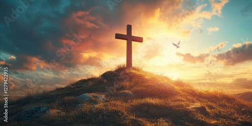 Sunset view of a cross on a hillside with dramatic clouds and a flying dove in the background
