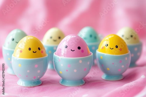 A colorful arrangement of small plastic eggs featuring expressive faces, neatly aligned against a vibrant pink background, creating a playful visual appeal.