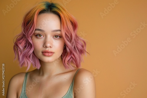 A young woman with multicolored hair showcasing vibrant shades of pink, orange, and pastel hues, set against a warm orange background. posing confidently, bold and expressive, modern portrait