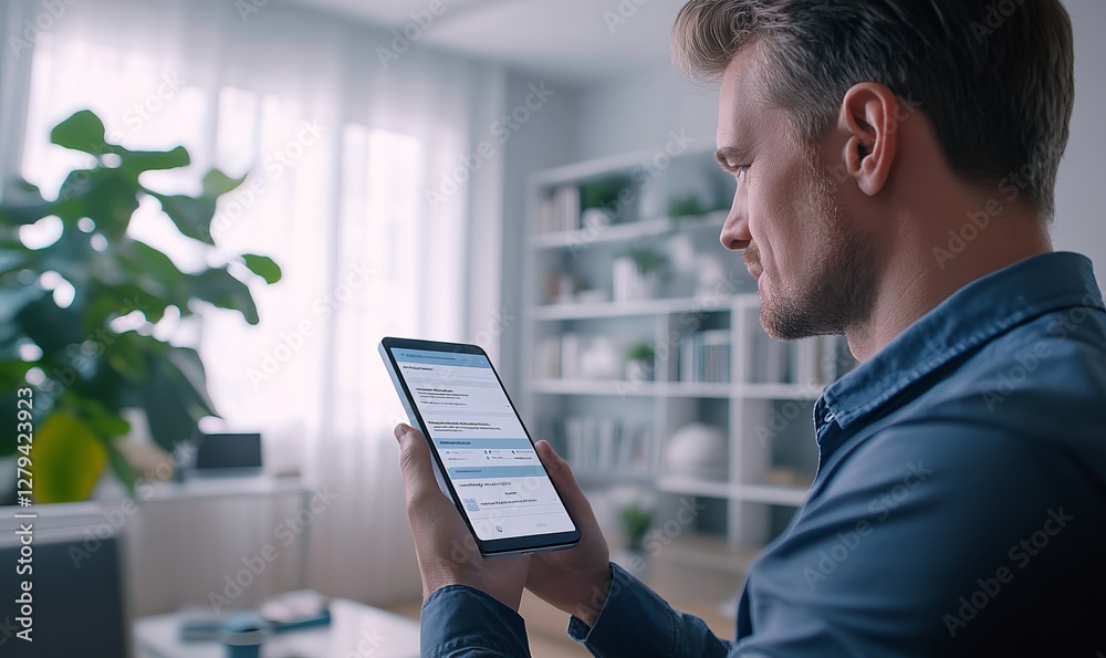 Businessman Using Smartphone App for Digital Invoicing and Billing, with a Futuristic Augmented Reality Interface