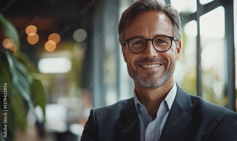 Fototapeta premium Confident Business Professionals Smiling in Modern Office Setting, Team Leadership, Success, Positive Work Environment