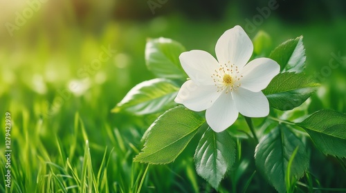 White Flower in Green Grass with Soft Sunlight