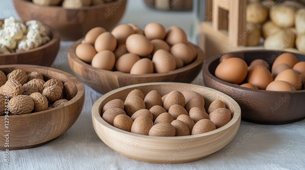 A table adorned with a white tablecloth displays an assortment of bowls filled with various nuts and eggs, showcasing simple elegance in dining. A table adorned with a white tablecloth displays an assortment of bowls filled with various nuts and eggs, showcasing simple elegance in dining.