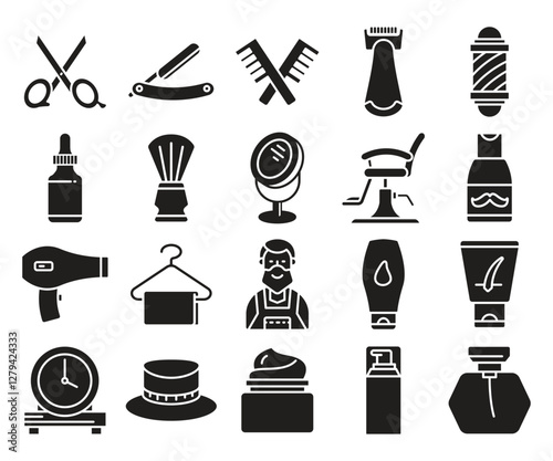 barber shop glyph icons set vector illustration