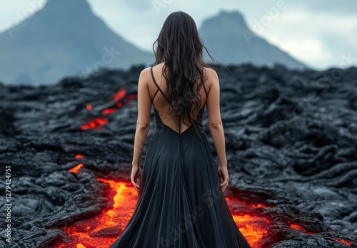 Woman in Black Dress Walking on Glowing Lava Path, Volcanic Landscape photo