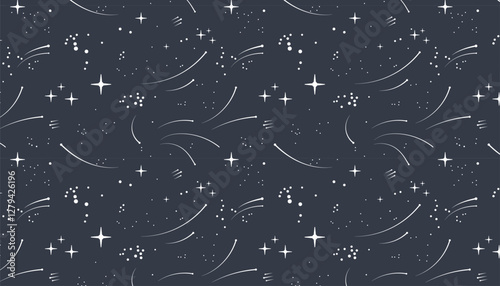 Cartoon starry pattern. Cosmic stars in darkness space vector print graphic, night sky constellations galaxy seamless background