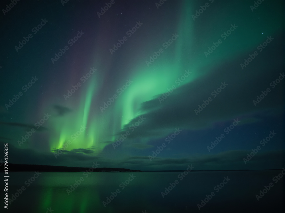 Naklejka premium Aurora Borealis Over Calm Water