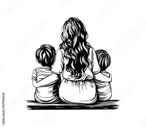 Mother is hugging two sons. Mother's Day, birthdays, family care.