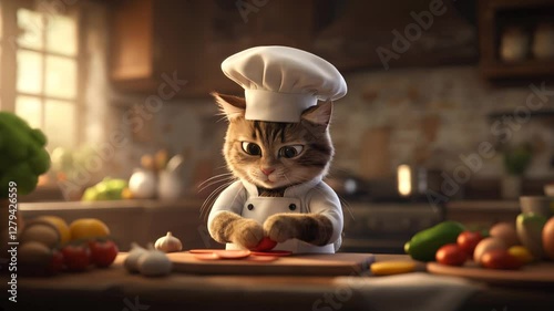 A cute chef brown cat cooking in the kitchen , video.
