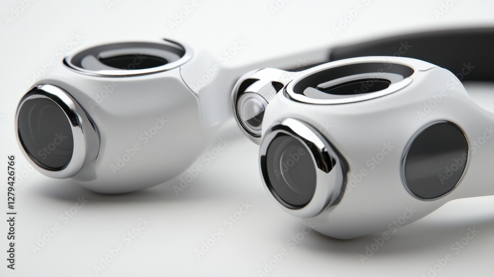 Close-up view of futuristic white goggles showcasing advanced design and technology features Close-up view of futuristic white goggles showcasing advanced design and technology features