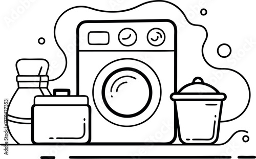 Vector Art of Washing Machine and Laundry Hamper in Clean Line Drawing