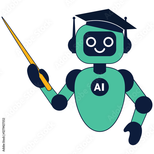 AI robot in a graduation cap with a pointer in his hands. Artificial intelligence in school education concept. Flat vector illustration isolated on white background.