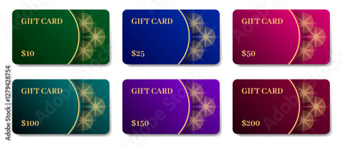 Gift cards mockups with shadows. Background template with abstract pattern. Voucher or coupon