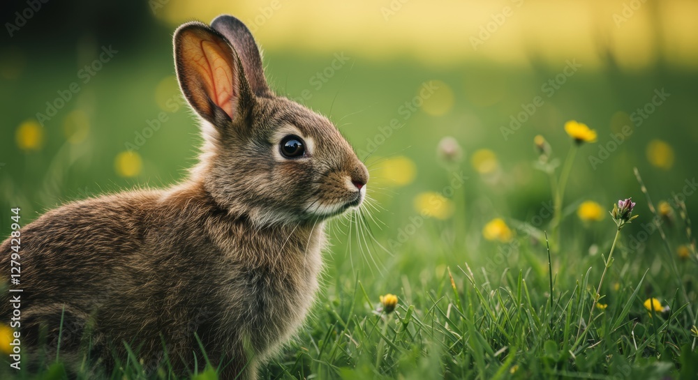 Fototapeta premium Wild rabbit in a lush meadow, basking in soft golden sunlight