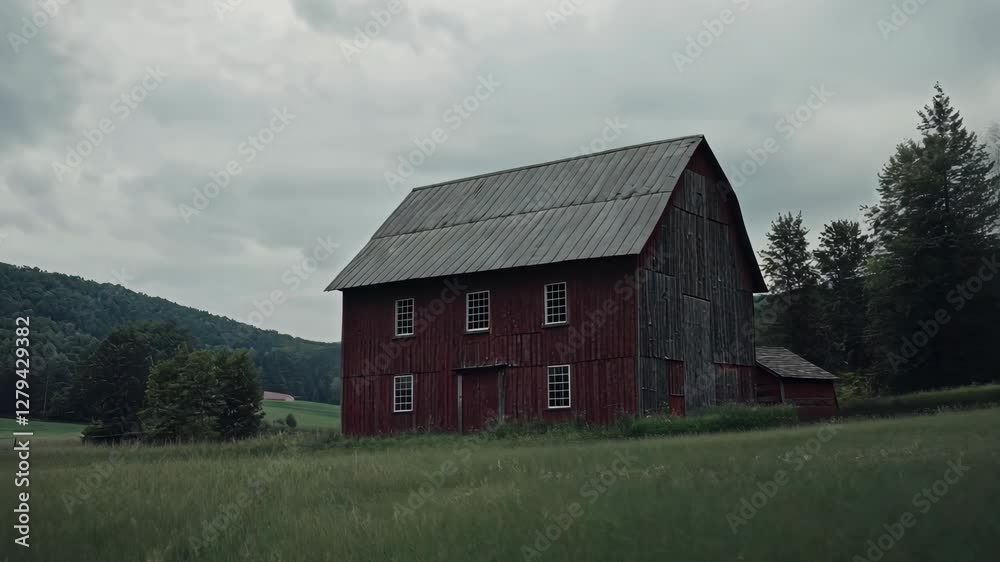 Red barn stands alone in serene countryside landscape under cloudy sky Red barn stands alone in serene countryside landscape under cloudy sky