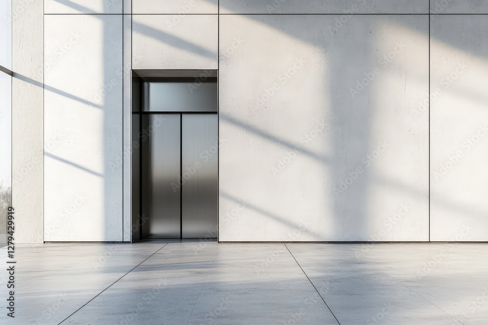 Fototapeta premium Elevator with metal doors, white blank wall, and concrete floor. AI generated illustration.