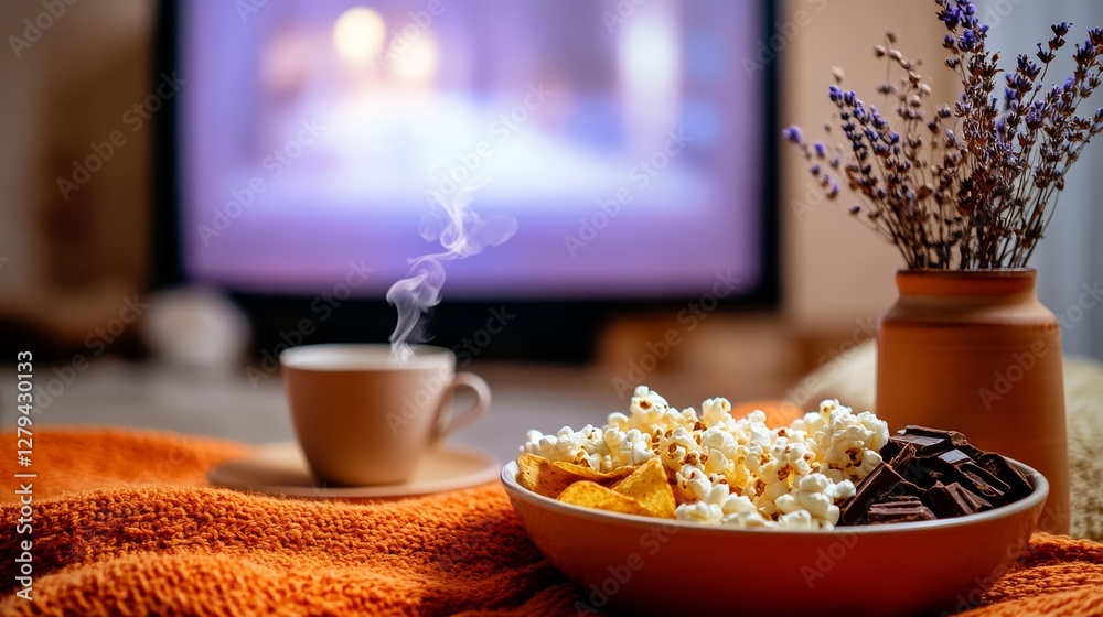 A living room with a bowl of snacks such as popcorn, chips and chocolate. Cozy living room with a bowl of popcorn to watch a romantic movie. A living room with a bowl of snacks such as popcorn, chips and chocolate. Cozy living room with a bowl of popcorn to watch a romantic movie.